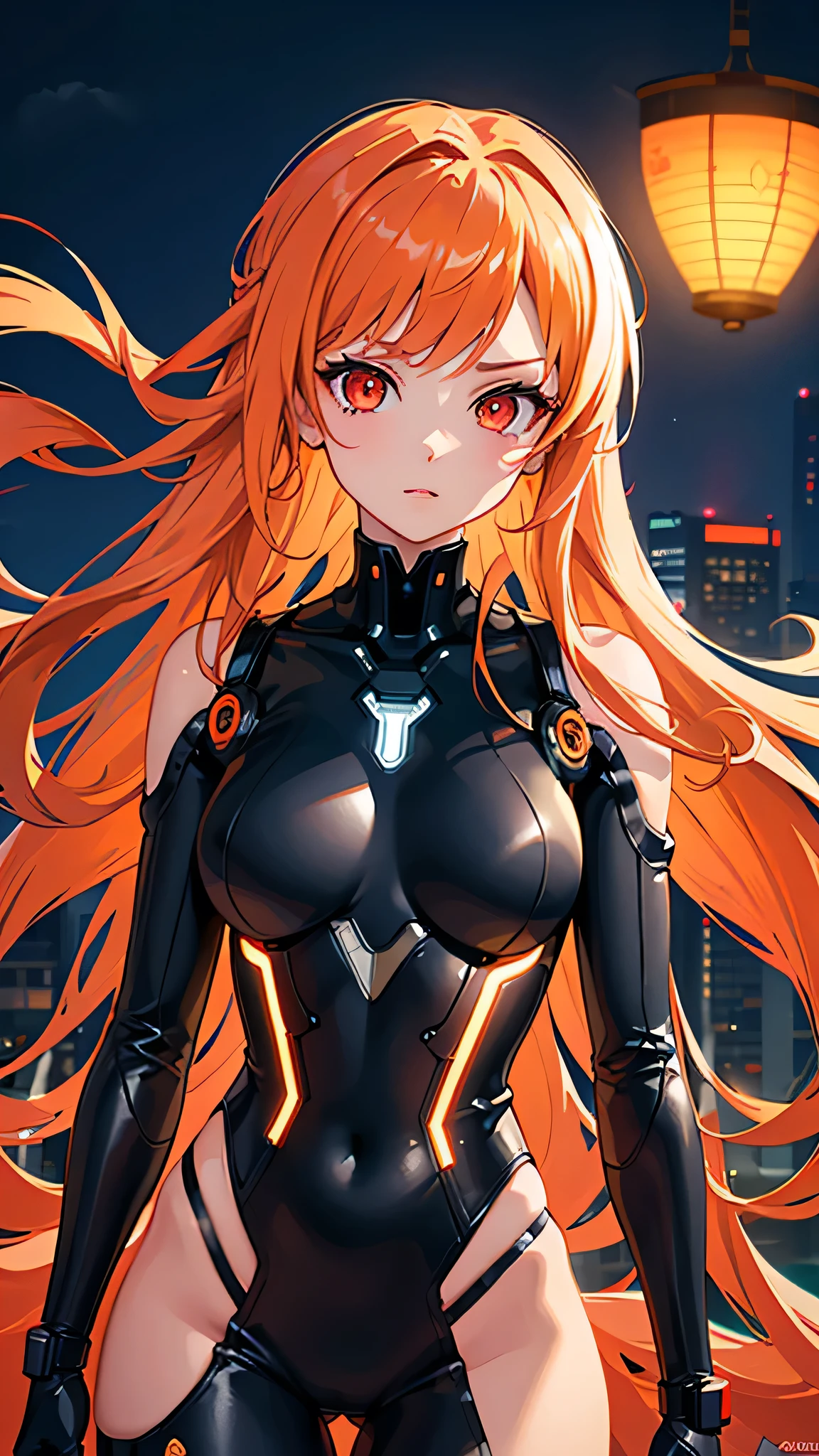 (SFW), Intricate details, One girl, night, (Bright neon colors), ((Flying over a futuristic cyberpunk city)), Detailed Background, (Petite cyborg girl, ((Cute perfect face, Bright red eyes)), (Perfect Anatomy,  and firm breasts), (Extremely long orange and white gradient hair, Hair blowing in the wind)), Detailed ribbed impossible bodysuit, Pauldrons, Cybernetic limbs, Dynamic Angle,