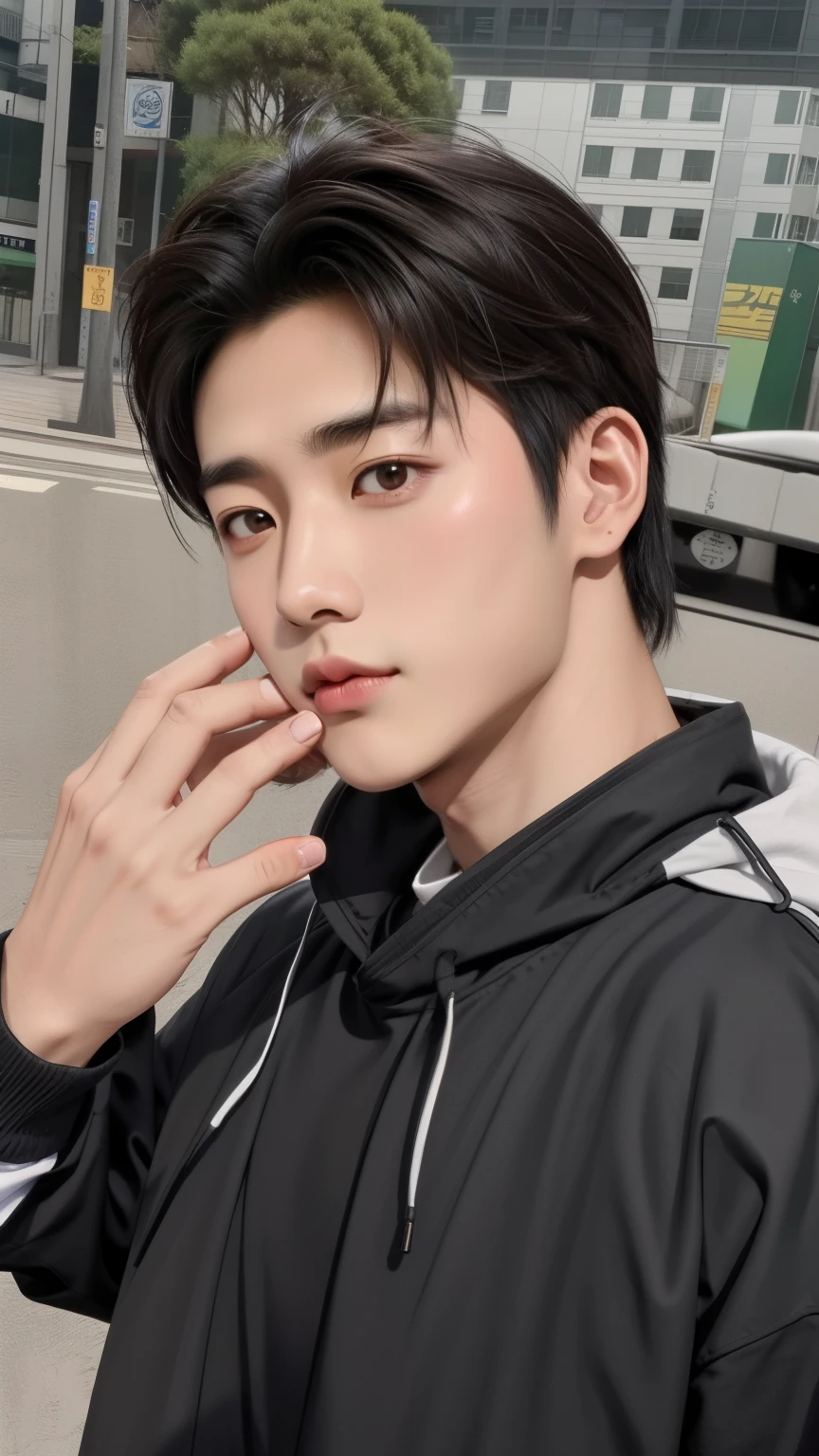 Close de uma pessoa vestindo um moletom com capuz e moletom, Homem bonito Anime, Garoto bonito na arte do Demon Slayer, manha, inspirado em Zhang Han, estilo anime masculino, inspirado em Bian Shoumin, delicate androgynous prince, Pose de anime bonita, sakimichan, Homem sul-coreano, handsome androgynous prince, WAN lovely Korean face, foto realista, Imagem hiper-realista