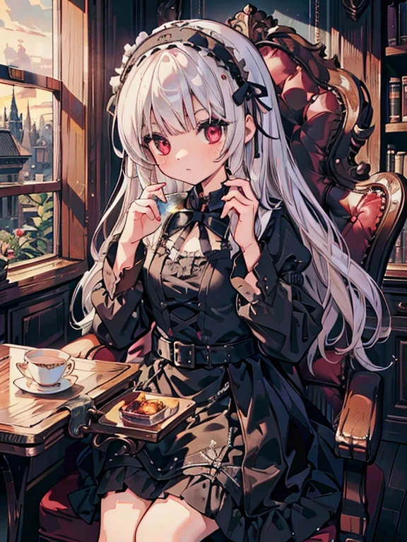 masterpiece, highest quality, Very detailed, 16k, Ultra-high resolution, Cowboy Shot, One 12-year-old girl, Detailed face, Perfect Fingers, sui1, suigintou, red eyes, long hair, gothic dress, white hair, flower hair ornament, long sleeves, gothic hairband, ribbon, black dress, Black Wings Western-style building, libraryai, Sit in a luxurious chair, Drinking tea