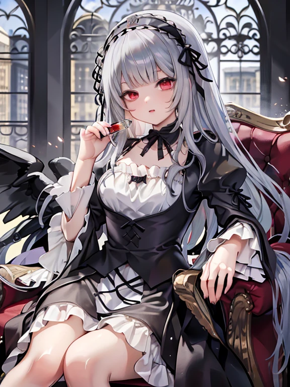 masterpiece, highest quality, Very detailed, 16k, Ultra-high resolution, Cowboy Shot, One 8-year-old girl, Detailed face, Perfect Fingers, sui1,Mercury lamp, Red eyes, Long Hair, Gothic Dress, Gray Hair, Floral Hair Ornament, Long sleeve, Gothic Headband, ribbon, Black Dress, Black wings, Western-style building, libraryai, Luxurious chair, drink tea