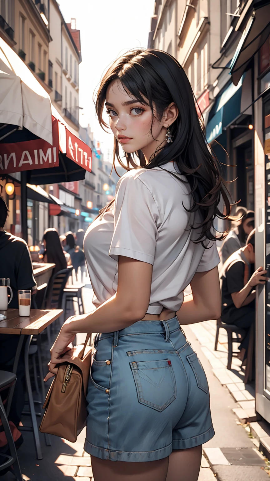 1 girl,(Black Hair Semi-Long)(Beautiful Hair), actress, smile, Shiny skin, highest quality, masterpiece, (Realistic:1.4), Terrace seats, Europe, France, Paris, Denim mini skirt (Realistic Fabric), White short sleeve (Cotton), (No logo), Thin fingers