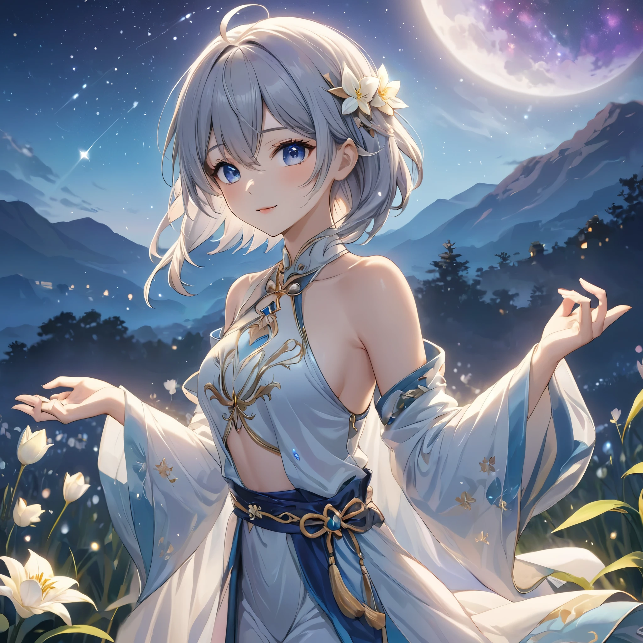 1girl, guizhong_\(genshin_impact\),light grey hair,short_hair_with_long_locks,starry_sky_print,detached_sleeves, long sleeves_past_fingers,hanfu,illustrated by matsuryuu and agahari and dsmile,stunning field of softly glowing blue and white glaze lilies,night scene,gentle smile,moonlight,glossy lips,vivid anime coloring,cel shading,smooth, soft dreamy focus,anklet,halter_top,white clothes,highly detailed,digital painting,field of flowers,bare_shoulders,wlop,barefoot,cool night tones, magical night scene,masterpiece, best quality, film, bokeh, professional, 4k, highly detailed,fireflies,Guardian nebula of rainbow light and silvery vapor, 