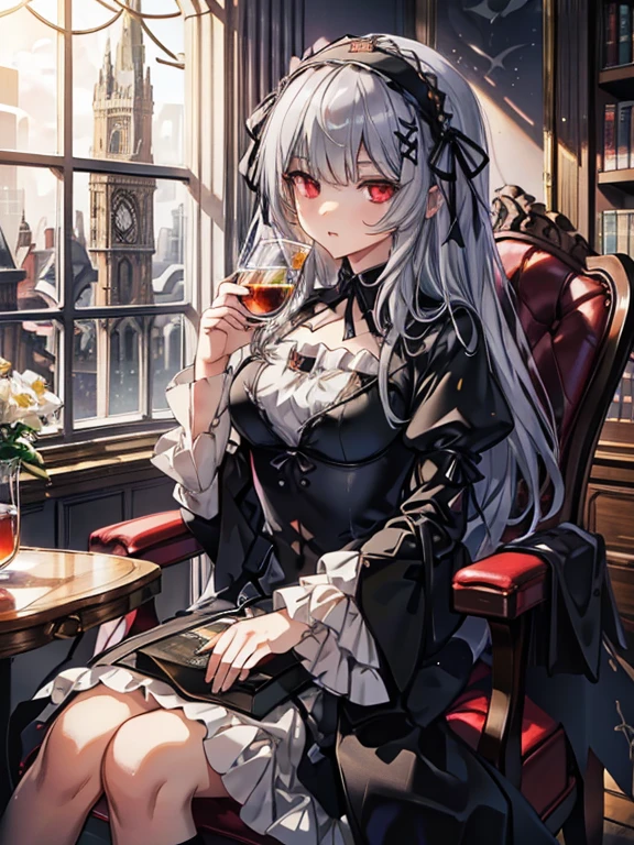 masterpiece, highest quality, Very detailed, 16k, Ultra-high resolution, Cowboy Shot, One 14-year-old girl, Detailed face, Perfect Fingers, sui1,Mercury lamp, Red eyes, Long Hair, Gothic Dress, Gray Hair, Floral Hair Ornament, Long sleeve, Gothic Headband, ribbon, Black Dress, Black wings, Western-style building, libraryai, Luxurious chair, Drinking tea