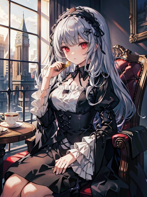 masterpiece, highest quality, Very detailed, 16k, Ultra-high resolution, Cowboy Shot, One 14-year-old girl, Detailed face, Perfect Fingers, sui1,Mercury lamp, Red eyes, Long Hair, Gothic Dress, Gray Hair, Floral Hair Ornament, Long sleeve, Gothic Headband, ribbon, Black Dress, Black wings, Western-style building, libraryai, Luxurious chair, Drinking tea
