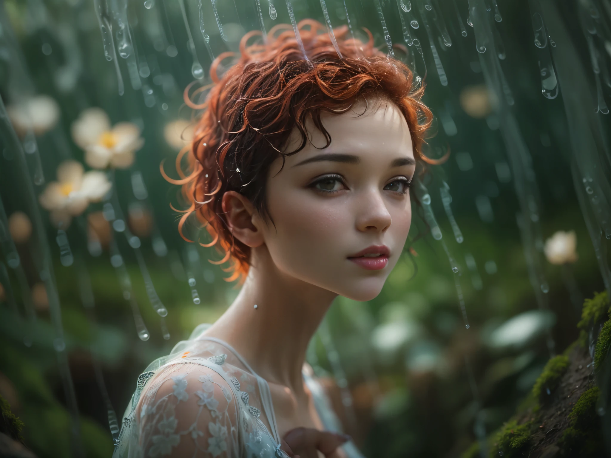 cute woman unDer Drizzling rain, (elegant, schönes Gesicht), transparent white Dress, Waldmoos, (Sommersprossen:0.8), flowers felD, , curly reD hair, Magische Atmosphäre, (Kurzes Haar), ((DetaileD skin, Hauttextur)), ultraDetaileD, (intricately DetaileD, fine Details, hyperDetaileD), Raytracing, Untergrundstreuung, (fantasy unDerworlD on backgrounD), DiffuseD soft lighting, shallow Depth of fielD, Scharfer Fokus Bokeh, (realistische Fotoqualität:1.4), viel.D