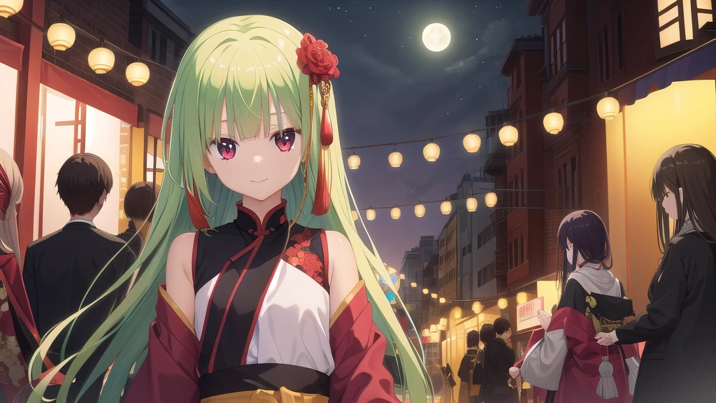 ((masterpiece)),(best quality),Official Art,Extremely detailed CG,Unity 8k Wallpaper,Super detailed,Beautiful and delicate eyes,Extremely detailed face,1 girl,solitary,,(whole body:1.5),(small:1.3),Smile,,Murasame,Very long hair,Green Hair,sides up,Purple bow,hairpin,Side Chain,Bangs,Red Eyes,Neck strap,Red belt,Aesthetic，Landscape Colorful Clothes，Neon Tang Dynasty Makeup Never Sleeps City，Thousands of people flock to the streets to enjoy the flowers。The long street is decorated with colorful lights，The building flashes red light and the Jade Rabbit is startled。Taomianyanhuan Tourist Delight，The color of the sky is beautiful and the moon is shining。Brick walls and grass are all scenery，Old and new songs accompanied by guzheng。