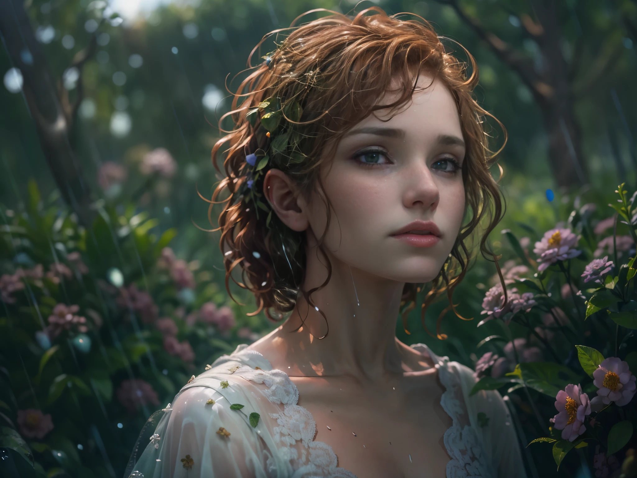 cute woman under drizzling rain, (elegant, beautiful face), transparent white dress, forest moss, (freckles:0.8), flowers feld, , curly red hair, magical atmosphere, (short hair), ((detailed skin, skin texture)), ultradetailed, (intricately detailed, fine details, hyperdetailed), raytracing, subsurface scattering, (fantasy underworld on background), diffused soft lighting, shallow depth of field, sharp focus bokeh, (realistic photo quality:1.4), liz.ashley