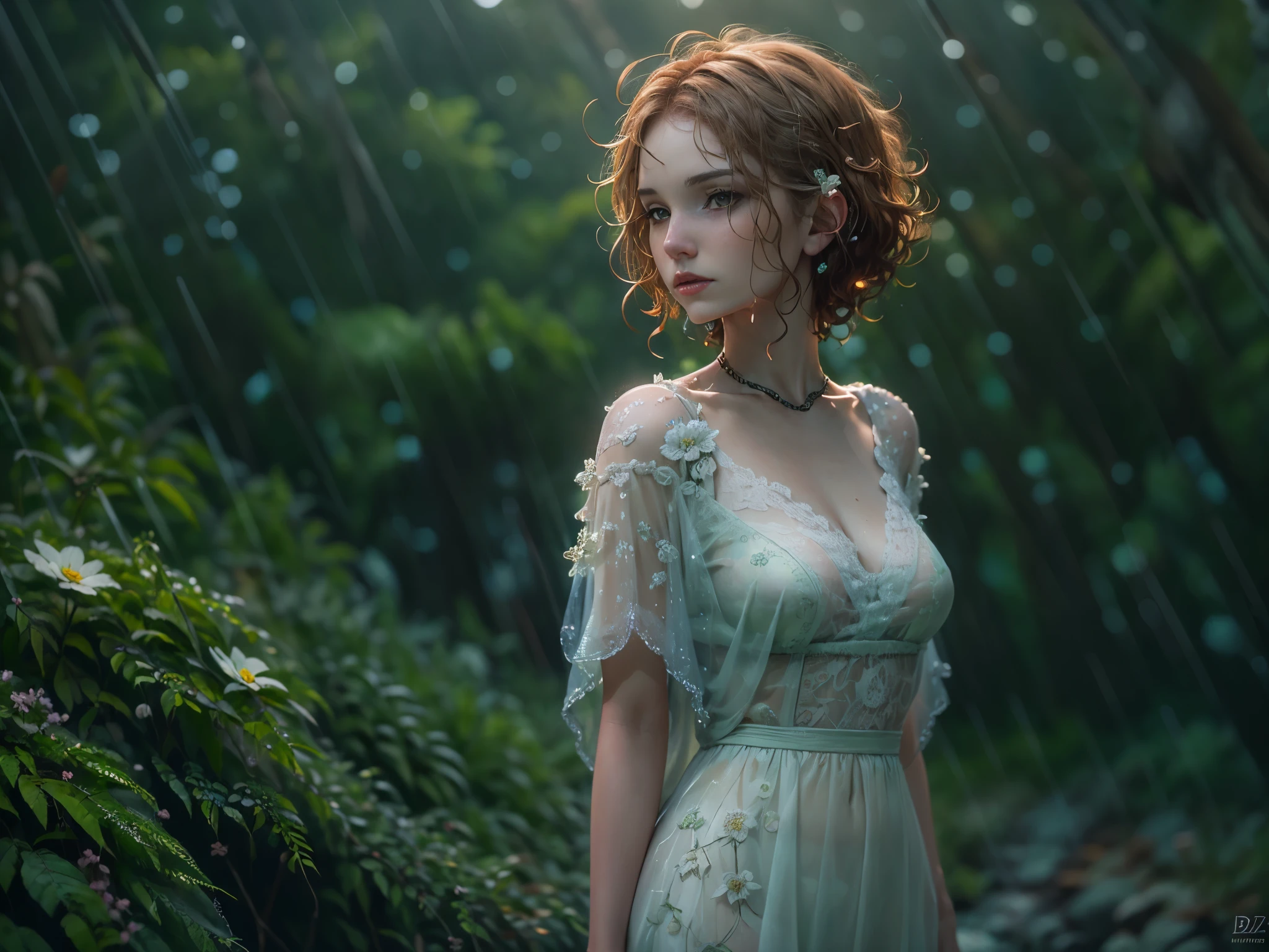 cute woman under drizzling rain, (elegant, beautiful face), transparent white dress, forest moss, (freckles:0.8), flowers feld, , curly red hair, magical atmosphere, (short hair), ((detailed skin, skin texture)), ultradetailed, (intricately detailed, fine details, hyperdetailed), raytracing, subsurface scattering, (fantasy underworld on background), diffused soft lighting, shallow depth of field, sharp focus bokeh, (realistic photo quality:1.4), liz.ashley