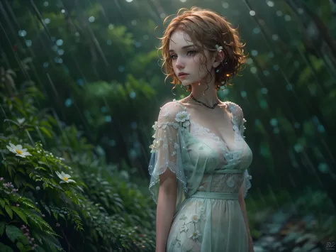 cute woman under drizzling rain, (elegant, beautiful face), transparent white dress, forest moss, (freckles:0.8), flowers feld, ...
