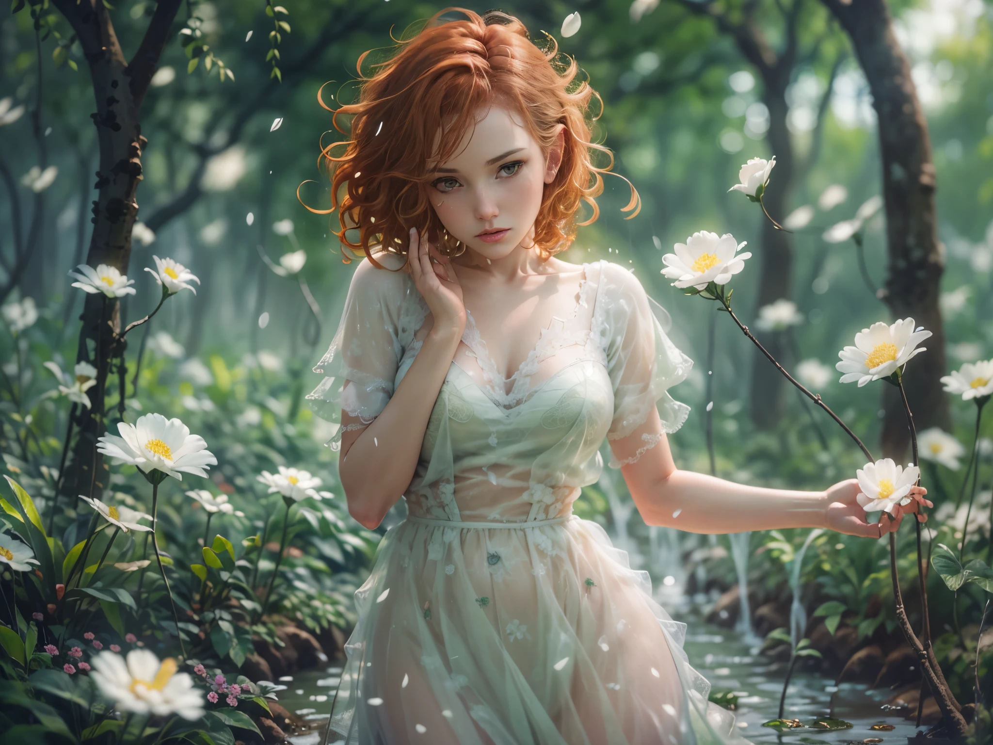 cute woman under drizzling rain, (elegant, beautiful face), transparent white dress, forest moss, (freckles:0.8), flowers feld, , curly red hair, magical atmosphere, (short hair), ((detailed skin, skin texture)), ultradetailed, (intricately detailed, fine details, hyperdetailed), raytracing, subsurface scattering, (fantasy underworld on background), diffused soft lighting, shallow depth of field, sharp focus bokeh, (realistic photo quality:1.4), liz.ashley