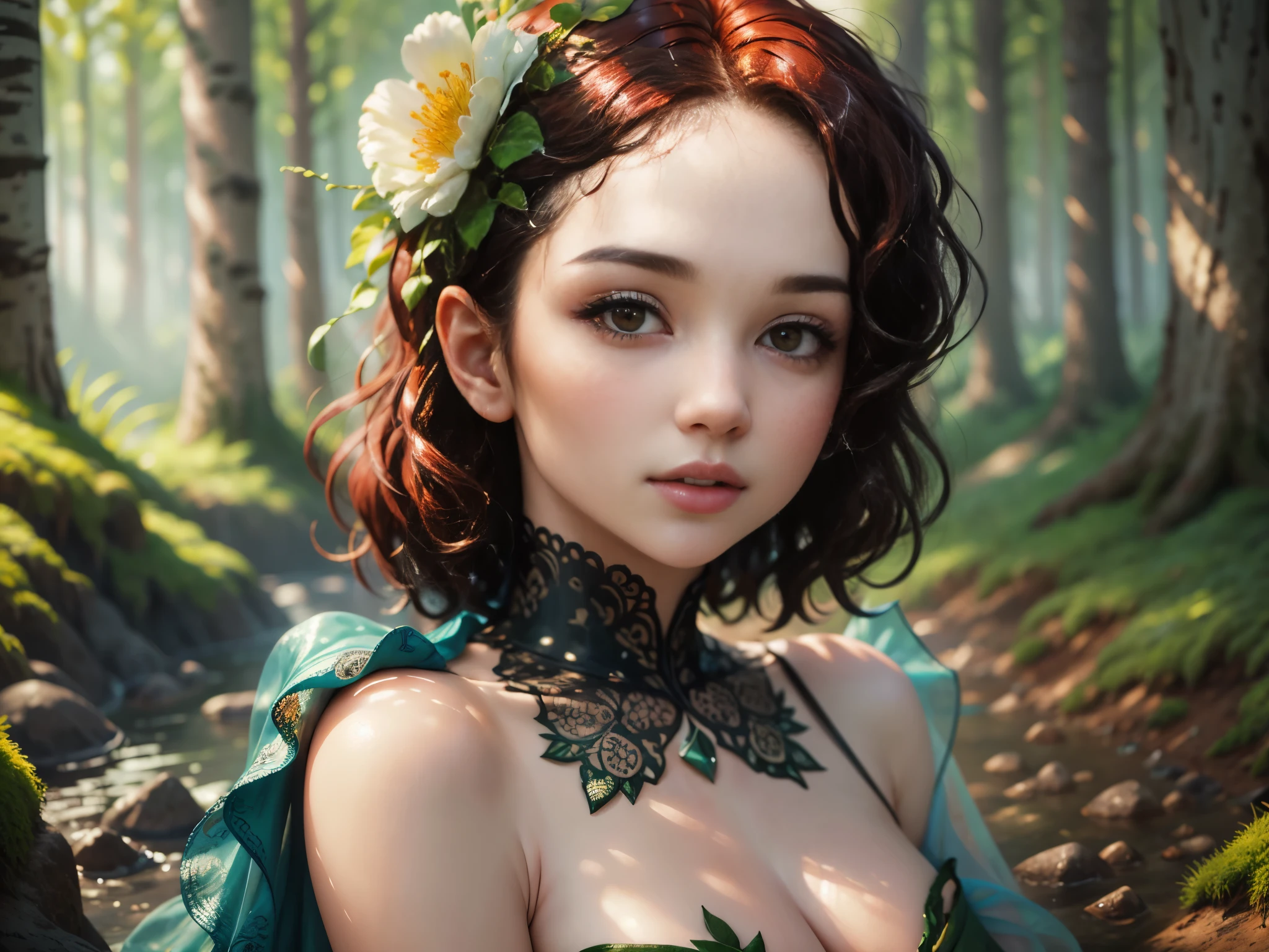 cute woman under drizzling rain, (elegant, beautiful face), transparent white dress, forest moss, (freckles:0.8), flowers feld, , curly red hair, magical atmosphere, (short hair), ((detailed skin, skin texture)), ultradetailed, (intricately detailed, fine details, hyperdetailed), raytracing, subsurface scattering, (fantasy underworld on background), diffused soft lighting, shallow depth of field, sharp focus bokeh, (realistic photo quality:1.4), jenya.d