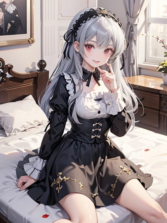 masterpiece, highest quality, Very detailed, 16k, Ultra-high resolution, Cowboy Shot, One 14-year-old girl, Detailed face, Fearless smile, Perfect Fingers, sui1,Mercury lamp, Red eyes, Long Hair, Gothic Dress, Gray Hair, Floral Hair Ornament, Long sleeve, Gothic Headband, ribbon, Black Dress, Black wings, classical European style bedroom, Sit on the bed