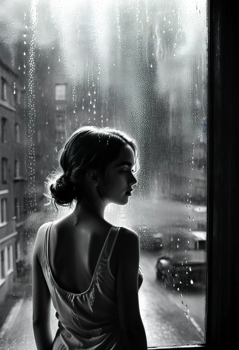 (best quality, 8k, high resolution, realistic: 1.2), ultra detailed view of a rainy day girl on her back with her hand resting on the glass, looking through the window, (black and white: 1.5), hyper realistic, HD , glass window texture, rain drops on the window, blurred background, wet streets, dim lighting, cityscape., quality,ultra-detailed,(realistic,photorealistic:1.37),black and white,monochrome,(vintage,retro),contrasting shades,high contrast,finely textured,classic film noir,expressive shadows,gritty texture,emotional,atmospheric,mysterious,raw,poetic,existential,silent film aesthetic,dramatic composition,grainy,striking visuals,black and white patterns,dynamic monochrome,highly stylized,details in highlights and shadows,deep shadows and bright highlights,black and white cinematography,intense emotion,black and white landscape,breathtaking balance of light and dark,rich tonal range,classic elegance,black and white portrait,compelling facial expressions,timeless beauty,dramatic storytelling,black and white street photography,documentary realism,urban grit,character study,black and white still life,minimalistic,subtle complexity,texture and contrast,visual poetry,black and white abstract,play of light and shadow,ethereal atmosphere,androgynous beauty