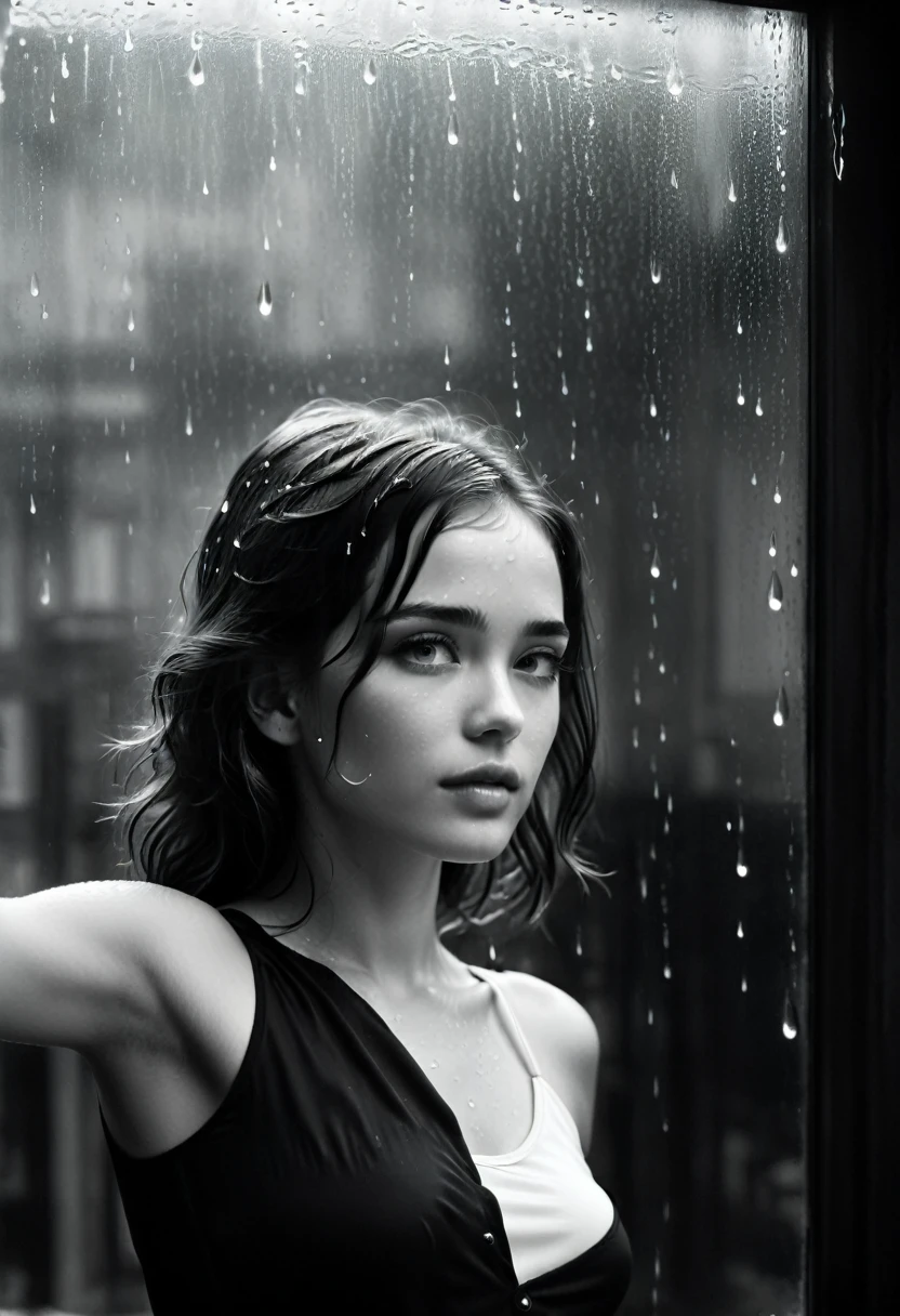 (best quality, 8k, high resolution, realistic: 1.2), ultra detailed view of a rainy day girl on her back with her hand resting on the glass, looking through the window, (black and white: 1.5), hyper realistic, HD , glass window texture, rain drops on the window, blurred background, wet streets, dim lighting, cityscape., quality,ultra-detailed,(realistic,photorealistic:1.37),black and white,monochrome,(vintage,retro),contrasting shades,high contrast,finely textured,classic film noir,expressive shadows,gritty texture,emotional,atmospheric,mysterious,raw,poetic,existential,silent film aesthetic,dramatic composition,grainy,striking visuals,black and white patterns,dynamic monochrome,highly stylized,details in highlights and shadows,deep shadows and bright highlights,black and white cinematography,intense emotion,black and white landscape,breathtaking balance of light and dark,rich tonal range,classic elegance,black and white portrait,compelling facial expressions,timeless beauty,dramatic storytelling,black and white street photography,documentary realism,urban grit,character study,black and white still life,minimalistic,subtle complexity,texture and contrast,visual poetry,black and white abstract,play of light and shadow,ethereal atmosphere,androgynous beauty