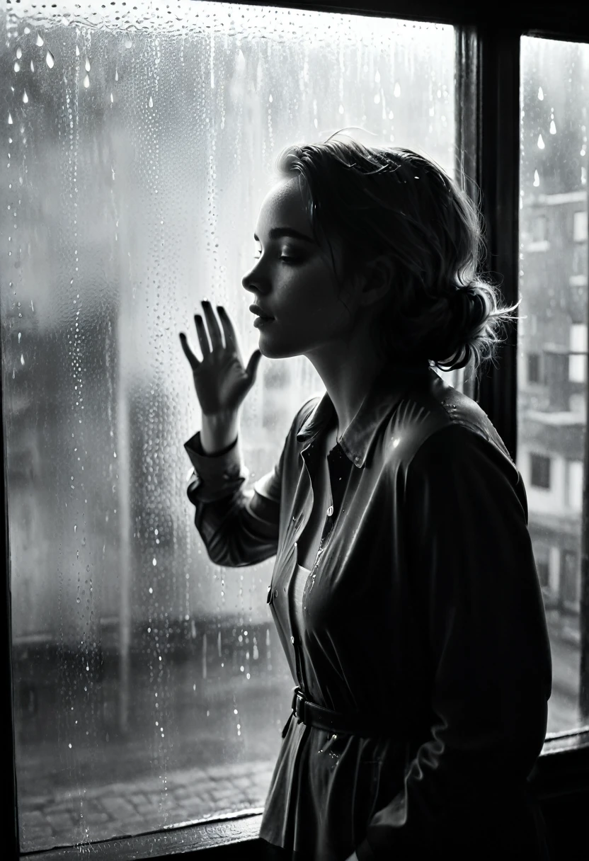 (best quality, 8k, high resolution, realistic: 1.2), ultra detailed view of a rainy day girl on her back with her hand resting on the glass, looking through the window, (black and white: 1.5), hyper realistic, HD , glass window texture, rain drops on the window, blurred background, wet streets, dim lighting, cityscape., quality,ultra-detailed,(realistic,photorealistic:1.37),black and white,monochrome,(vintage,retro),contrasting shades,high contrast,finely textured,classic film noir,expressive shadows,gritty texture,emotional,atmospheric,mysterious,raw,poetic,existential,silent film aesthetic,dramatic composition,grainy,striking visuals,black and white patterns,dynamic monochrome,highly stylized,details in highlights and shadows,deep shadows and bright highlights,black and white cinematography,intense emotion,black and white landscape,breathtaking balance of light and dark,rich tonal range,classic elegance,black and white portrait,compelling facial expressions,timeless beauty,dramatic storytelling,black and white street photography,documentary realism,urban grit,character study,black and white still life,minimalistic,subtle complexity,texture and contrast,visual poetry,black and white abstract,play of light and shadow,ethereal atmosphere,androgynous beauty