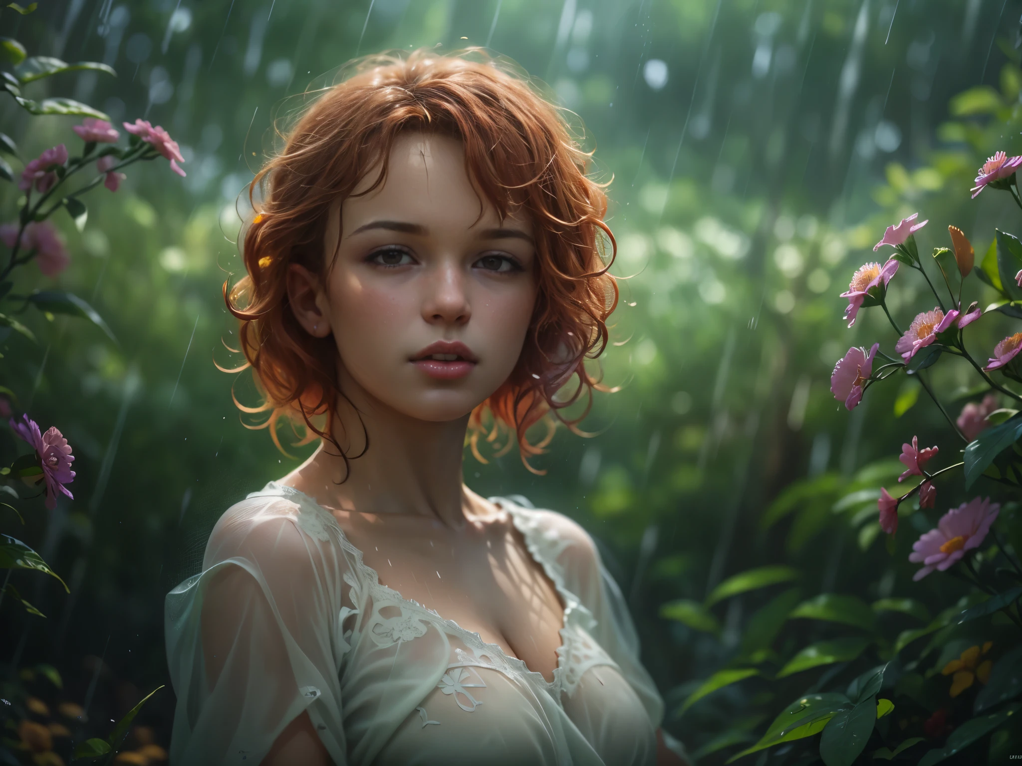 cute woman under drizzling rain, (elegant, beautiful face), transparent white dress, forest moss, (freckles:0.8), flowers feld, , curly red hair, magical atmosphere, (short hair), ((detailed skin, skin texture)), ultradetailed, (intricately detailed, fine details, hyperdetailed), raytracing, subsurface scattering, (fantasy underworld on background), diffused soft lighting, shallow depth of field, sharp focus bokeh, (realistic photo quality:1.4), renatadaninsky