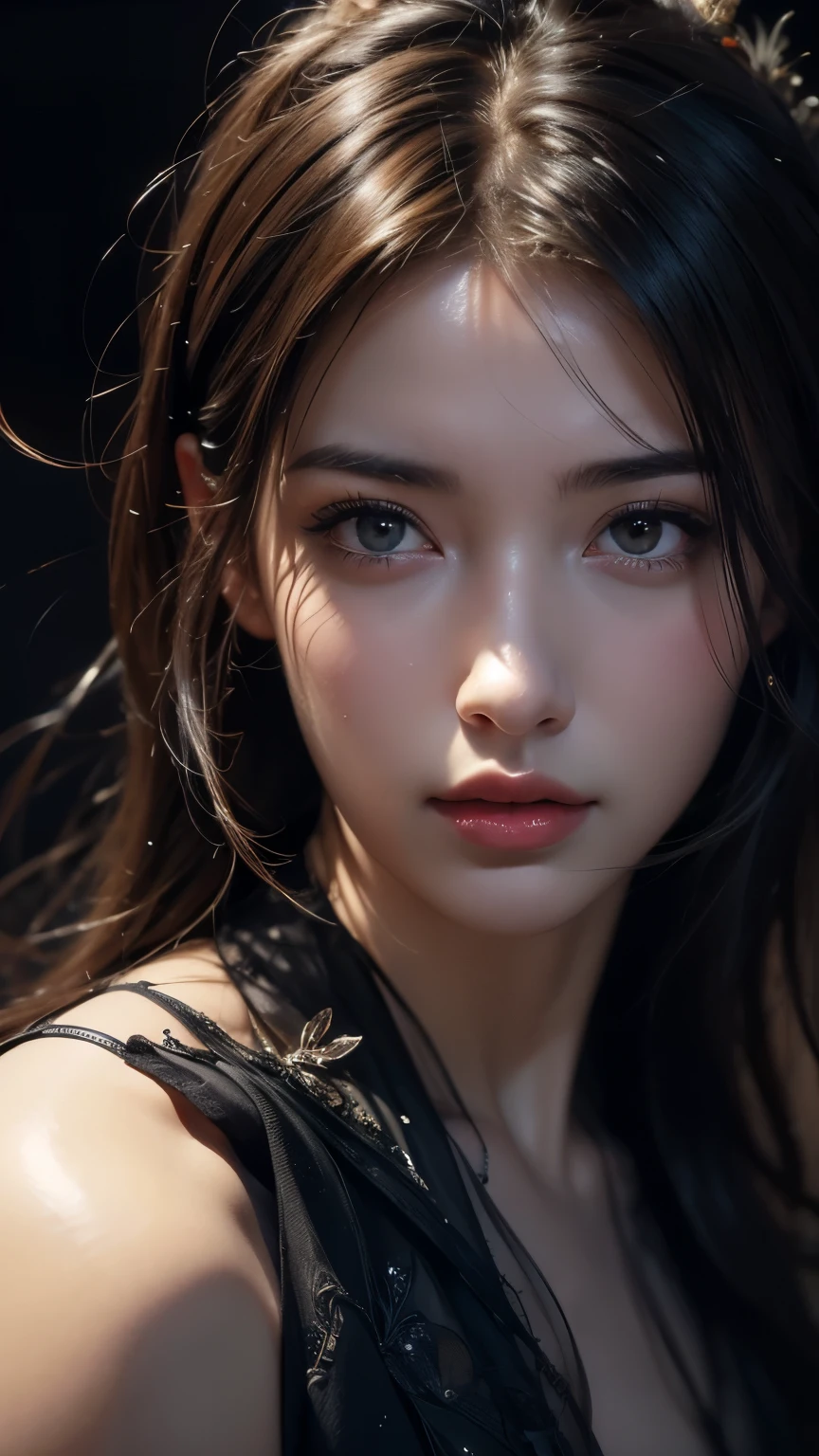 Obra maestra, mejor calidad, ilustración, ultra detallado, finamente detalle, alta resolución, fondo de pantalla 8k, Perfecta composición dinámica, Hermosos ojos detallados , cara sexy,Cara sintiendo éxtasis,Rostro en la cima de la excitación sexual., mirando al espectador, ((fondo oscuro)), al estilo de Mark Demsteader，
