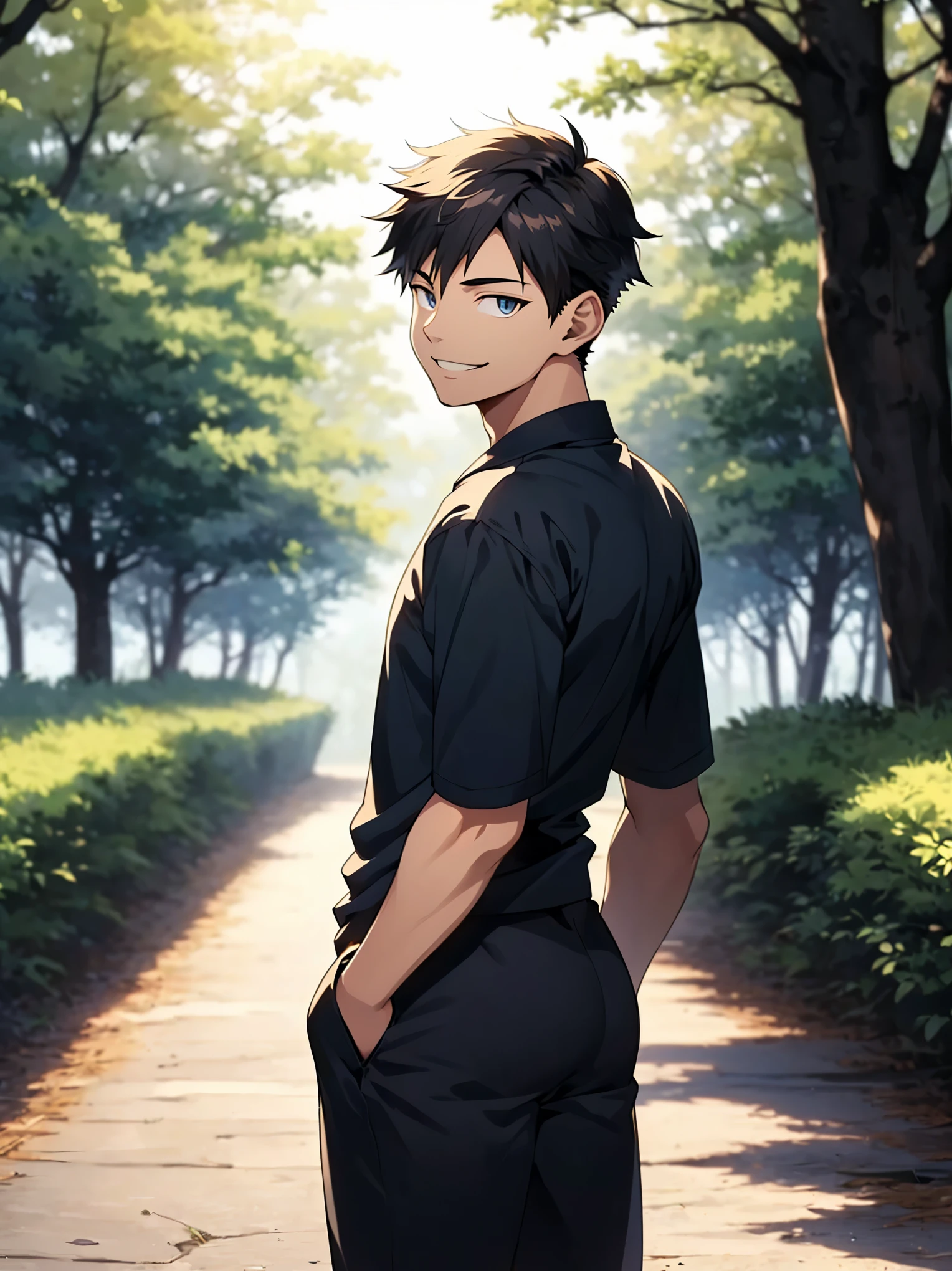 1 boy,20 years old,smile,stylish shirt,Roadside trees,(sunlight filtering through the trees,beautiful light),looking back,(detailed eyes),detailed skin,(masterpiece,best quality:1.4),Top Quality,High quality,Ultra detailed,insanely detailed,anime style