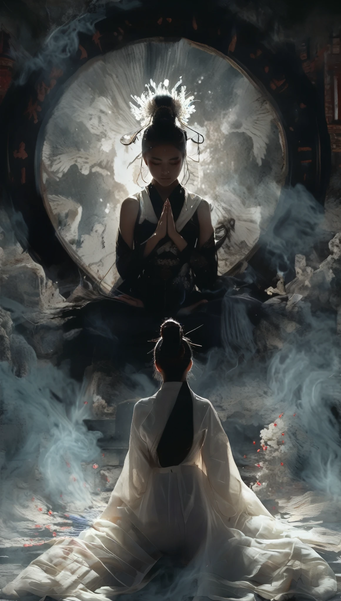 a bird's eye view capturing a stunningly beautiful Japanese shrine maiden clad in a white top and black bottom, striking a prayer pose while exuding an aura of serenity. However, looming ominously behind her, a vengeful spirit of a samurai manifests in a dark, eerie black aura, adding a chilling contrast to the otherwise tranquil scene. The juxtaposition of the maiden's grace and the samurai's haunting presence creates a captivating image that blends beauty with a touch of supernatural intrigue, inviting viewers to contemplate the duality of peace and vengeance.xianxia