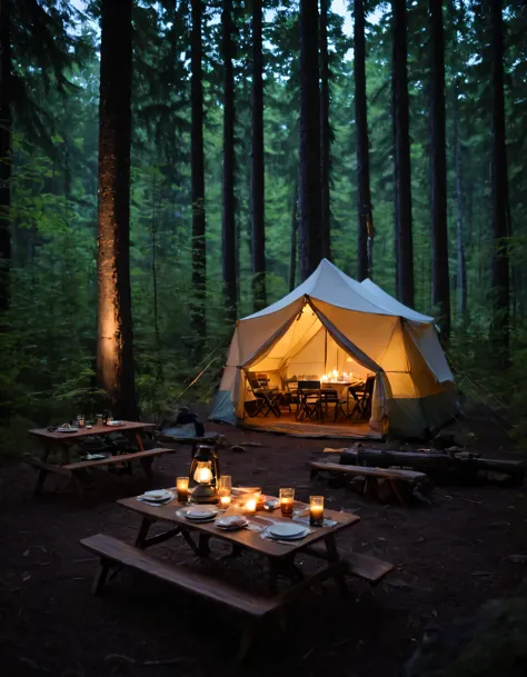 there is a tent and a table in the woods with a camp light, night outdoors, outdoors at night, camping, outdoors setting, evenin...