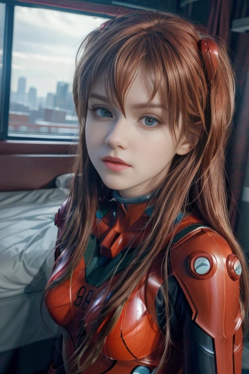 4K, 8K, (Masterpiece, best quality:1.2), blue eyes, perfect face, cosplay, professional photo, photo, photorealism, modelshoot style, portrait of shirogane, red plugsuit, feminine, bedroom, bed, sheets, window, plants, upper body, face shot