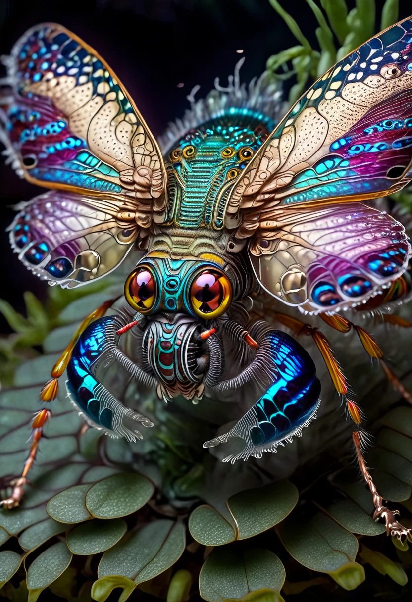 (fantasy,horror,macro photography,realistic:1.2), alien insect, vibrant colors, intricate details, metallic exoskeleton, bulbous compound eyes, delicate translucent wings, insectoid legs, organic patterns, otherworldly lighting