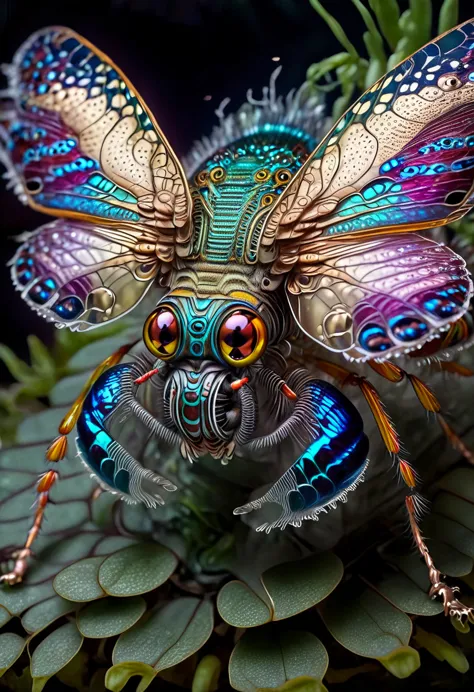 (fantasy,horror,macro photography,realistic:1.2), alien insect, vibrant colors, intricate details, metallic exoskeleton, bulbous...