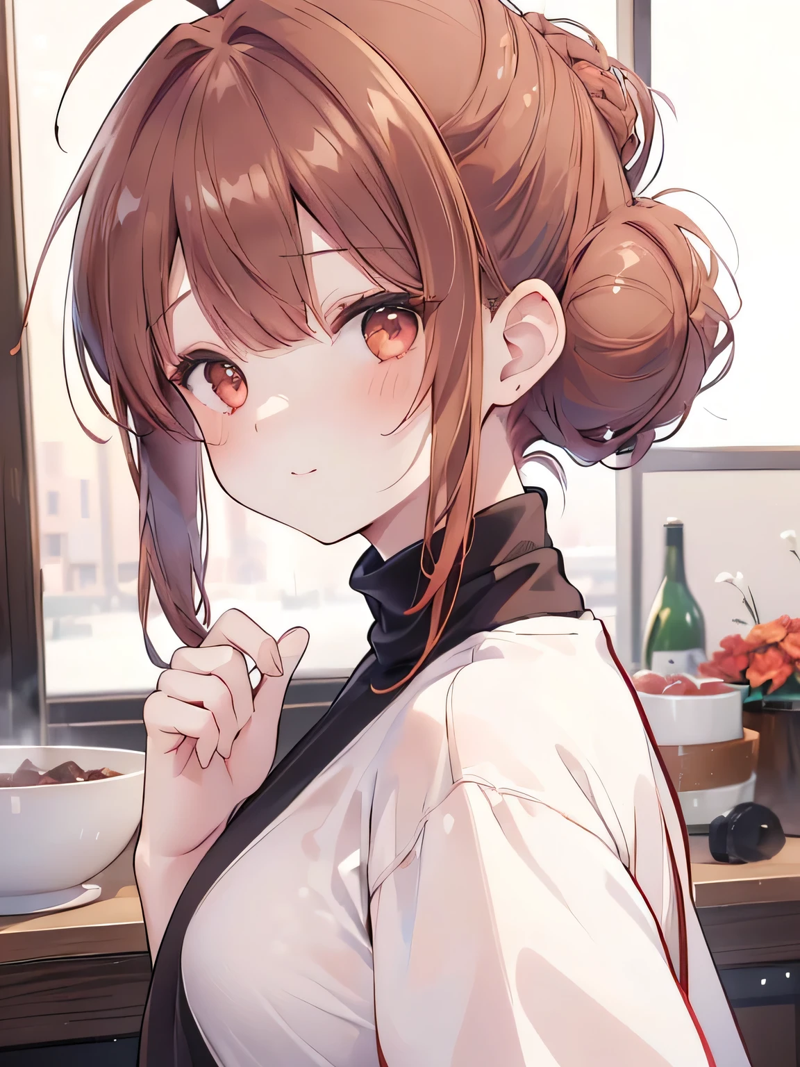 best quality , detailed , ((( 1 girl )))  , ( ash brown hair with red dip-dye hair ) ,((( Single chignon hairstyle:1.3 ))) , ahoge , ((( The bangs are even))) , beautiful small breasts, oversized white sweatshirts on tight black turtleneck , (facing the front) , (cheeks turn red) , (shy chuckle expression) , (( looking back:1.2 )) , wine red big eyes, white background