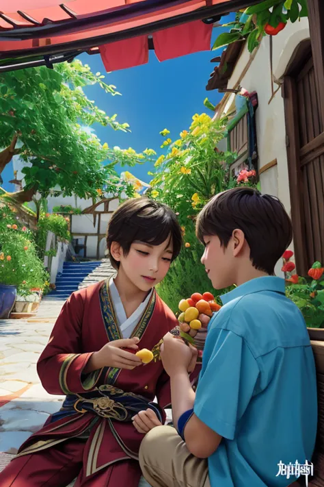 genshin impact character a boy feeding fruits to another boy, ambiguous scene, watercolor painting, vibrant colors, soft lightin...