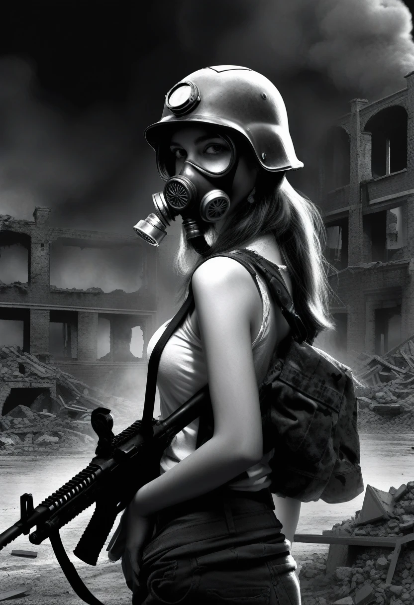 high contrast, grainy pictures, (a portrait of woman with a war helmet, an old tank in ruins,a smoking battlefield, sad face, wringkle, illustration,dark atmosphere,details of ruins,masterpiece:1.2,ultra-detailed,realistic:1.37,black and white,contrast lighting, award winning pictures