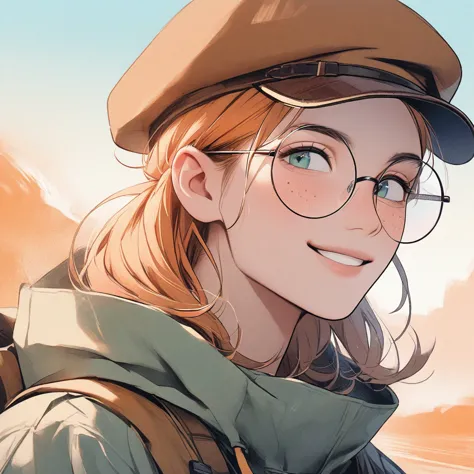 man, pastel orange hair, pastel colors, face close up, adventure, explorer, brown beret, big round glasses, smiling, big freckle...