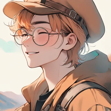 man, pastel orange hair, pastel colors, face close up, adventure, explorer, brown beret, big round glasses, smiling, big freckle...