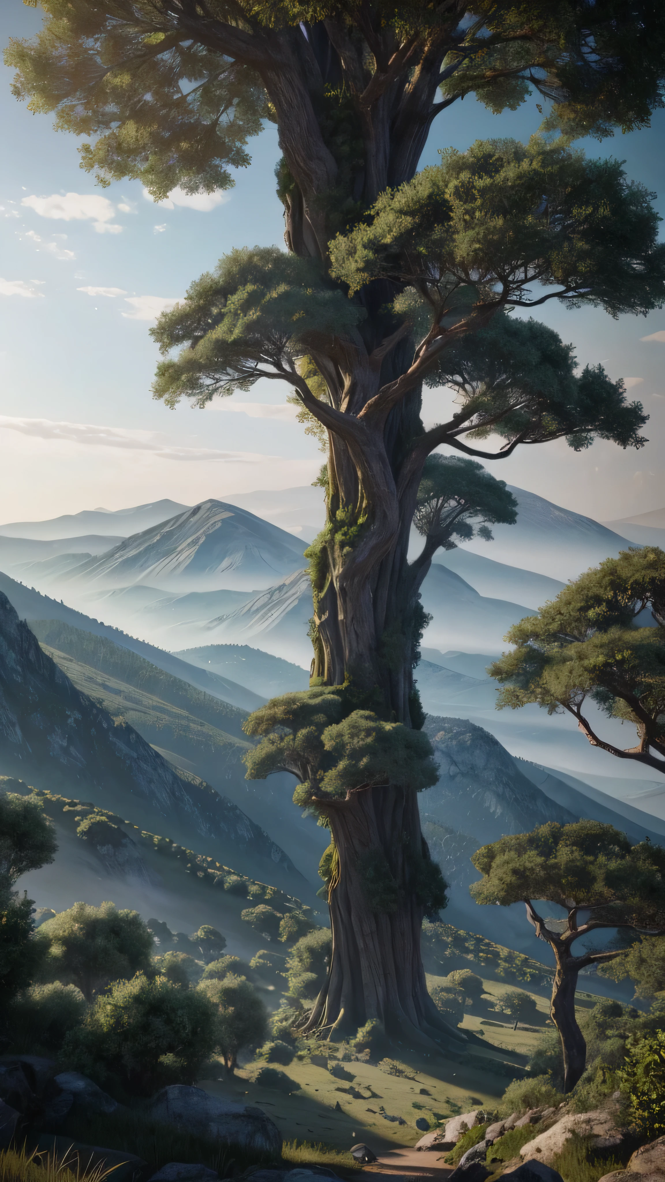Zebaoth, an awe-inspiring epic fantasy tree of colossal stature, towers amidst the majestic panorama of ancient mountains. The cinematic lens captures the grandeur of the scene in a wide-angle view, offering a realistic and detailed portrayal of the tree's intricate bark and the diverse hues of its sprawling foliage. With a resolution of 8k, this breathtaking artwork is currently trending on ArtStation, showcasing the smooth, fluid movements of the 3D animation, framed in an aspect ratio of 2:1. The fine details of the tree's skin-like texture and the rough, rug