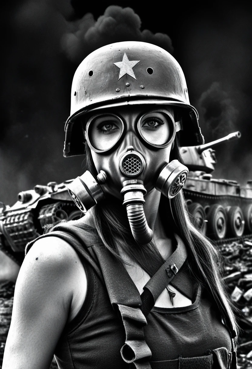 high contrast, grainy pictures, (a portrait of woman with a war helmet, an old tank in ruins,a smoking battlefield, sad face, wringkle, illustration,dark atmosphere,details of ruins,masterpiece:1.2,ultra-detailed,realistic:1.37,black and white,contrast lighting, award winning pictures