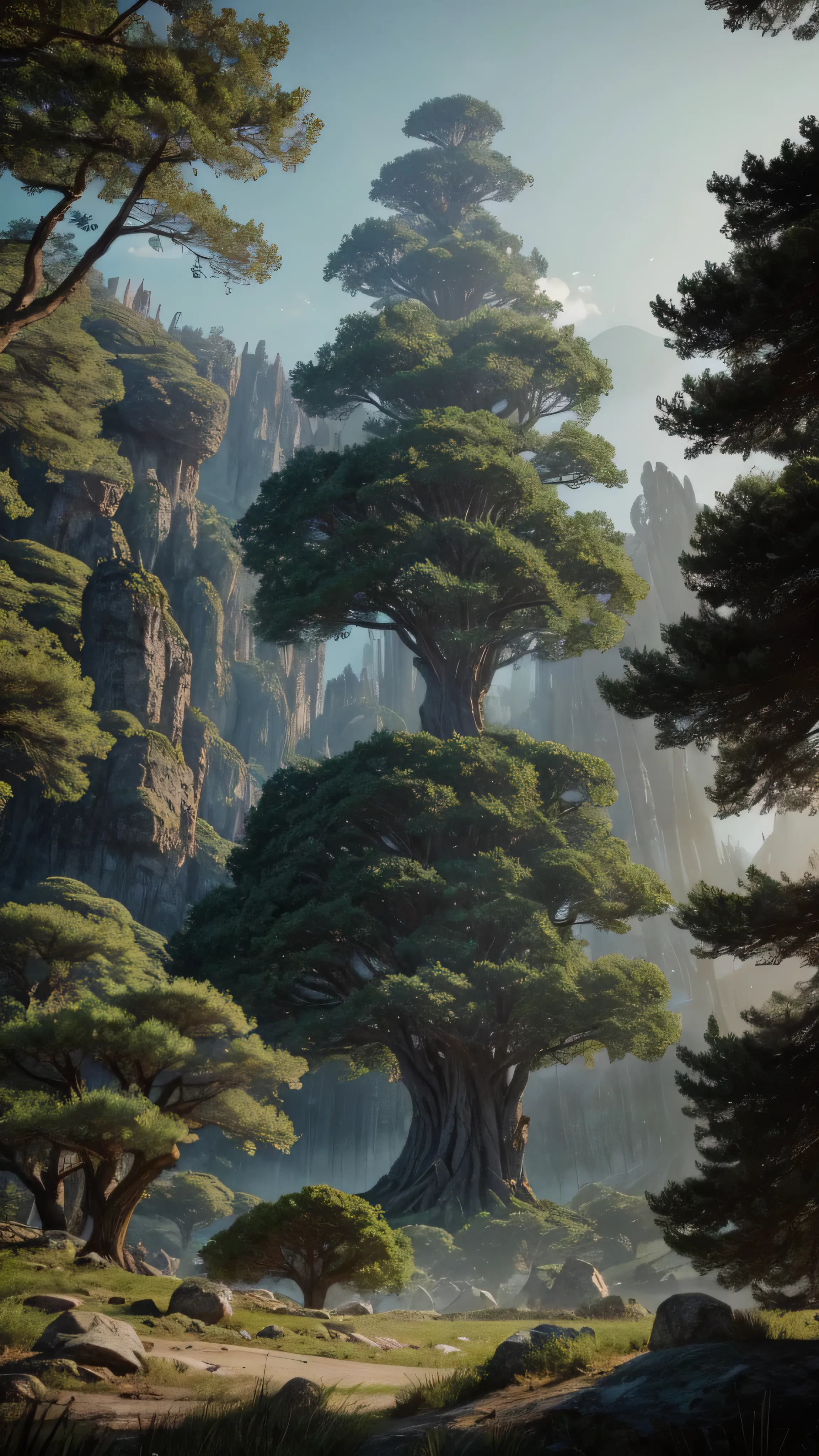 A colossal, epic fantasy tree named Zebaoth, standing tall amidst towering, snow-capped mountains in a wide-angle, cinematic lens view. The tree's intricate bark and detailed leaves are rendered in lifelike realism, showcasing smooth, 8k resolution and trending on ArtStation. With its huge trunk and sprawling branches, the tree's skin is meticulously textured, boasting a level of detailed realism that brings this 3D animation to life in a stunning and immersive manner. Presented in a 2:1 aspect ratio, the animation offers a vivid and captivating experience that will take your breath away. Resolution
