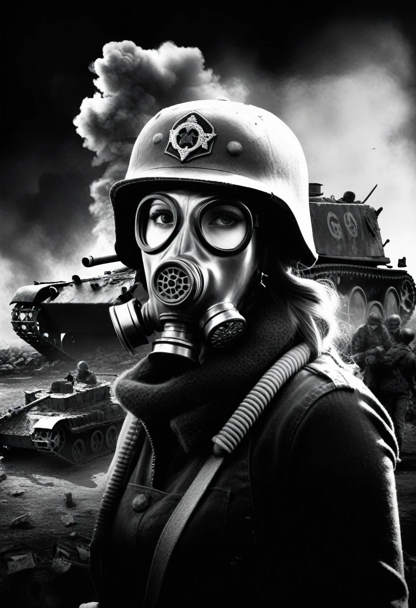 high contrast, grainy pictures, (a portrait of woman with a war helmet, an old tank in ruins,a smoking battlefield, sad face, wringkle, illustration,dark atmosphere,details of ruins,masterpiece:1.2,ultra-detailed,realistic:1.37,black and white,contrast lighting, award winning pictures