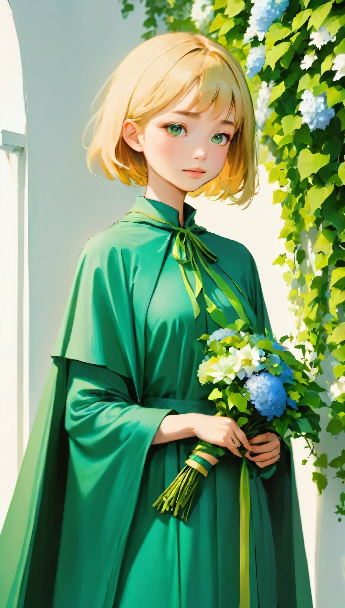 A woman standing in front of a white wall with a bouquet of flowers, short hair, pretty girl, Ivy, wearing blue-Green clothes, With flowers, Highest quality photos, with cape, Green clothes, photo shoot, Smooth input _ With background, 女性の身体のaesthetics, 🤤 Portrait of a Girl, beautiful!!, Wear longer, Loose-fitting clothing, Casual pose,  aesthetics