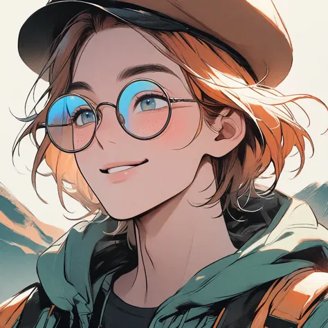 man, pastel orange hair, pastel colors, face close up, adventure, explorer, brown beret, big round glasses, smiling, big freckle...