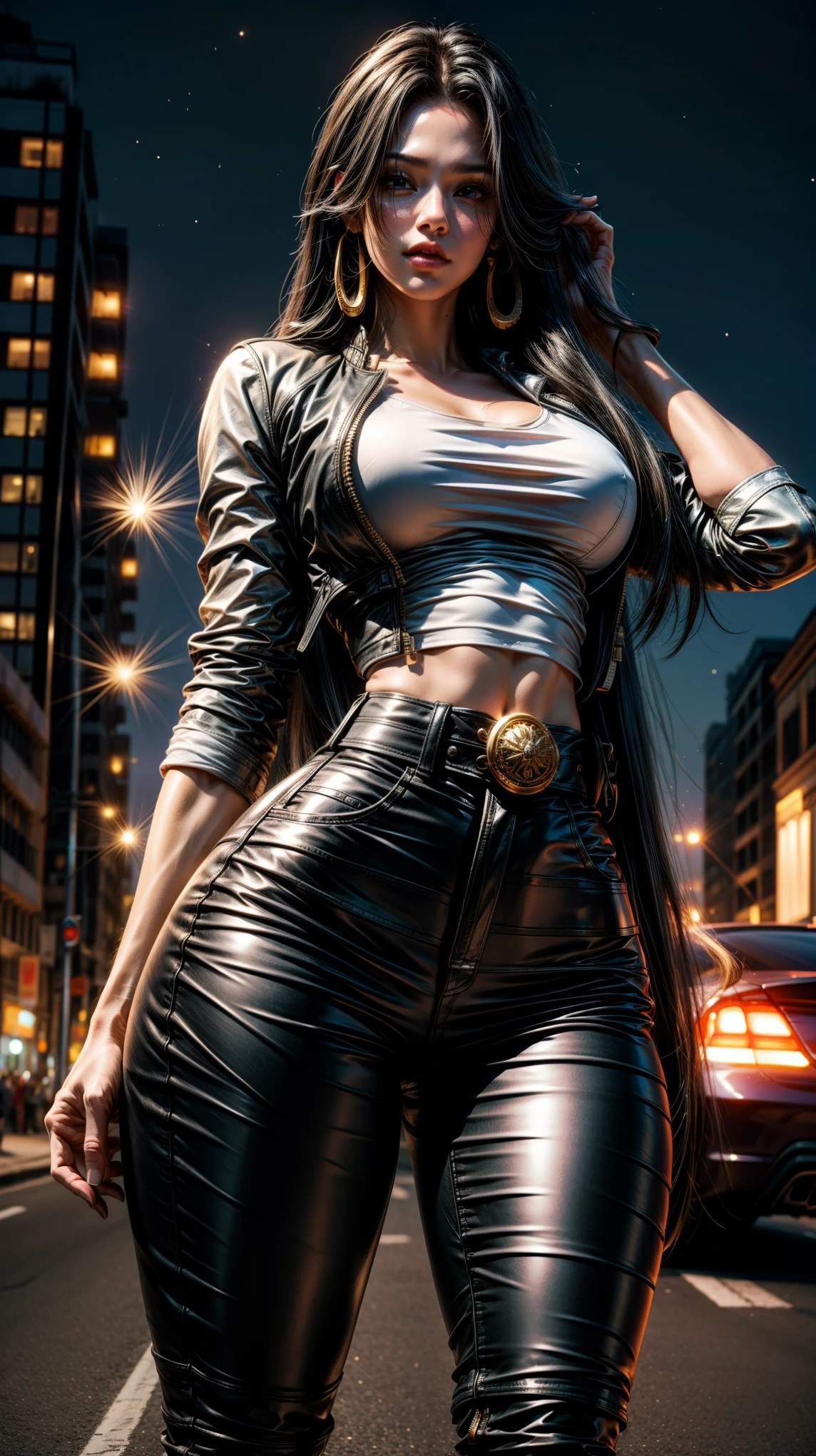 hancock1, boa hancock, from anmie one piece, long hair, black hair, bangs, beautiful, beautiful woman, perfect body, large breasts, thick thighs, curvy hips, small waist, wearing a white t-shirt, black leather jacket long black pants, cilak, jewelry, on the road, roadside, at night, night, looking at the viewer, a slight smile, realism, masterpiece, textured leather, super detail, high detail, high quality, best quality, 1080p, 16k