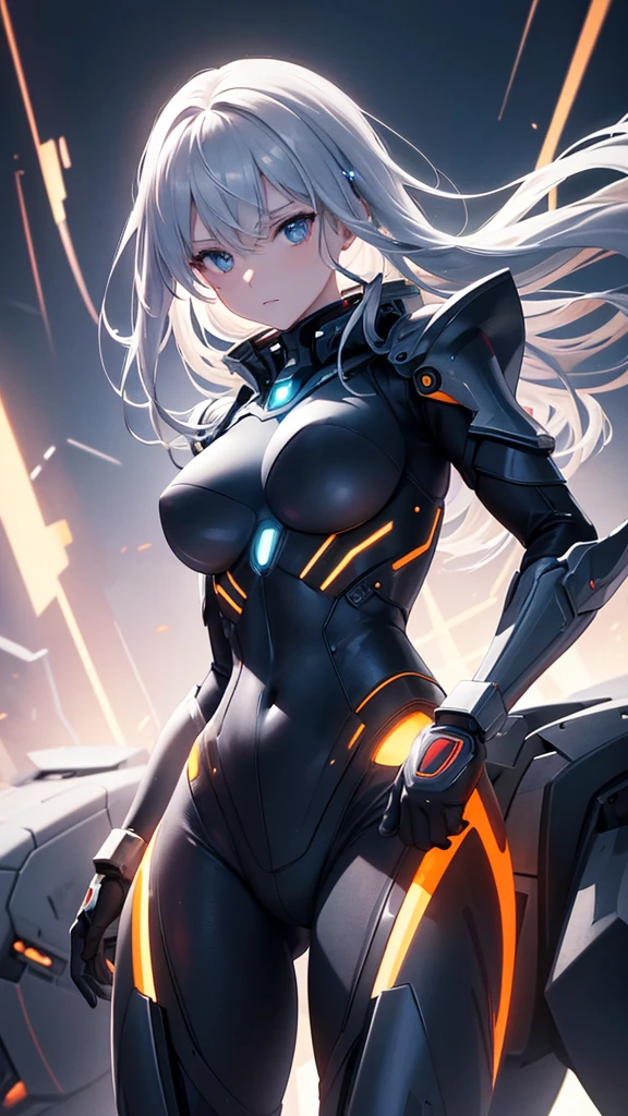 masterpiece, best quality, 8k, anime girl, floating, imponent position, standing in center, tight hightech black bodysuit, no helmet, orange glowing parts, medium grey hair, hazel magnificent eyes, few armored parts, matching parts, extreme detailed, futuristic city background, dusk time, glowing stars in the sky, light crossing behind like a god aura, realistic ilumination.