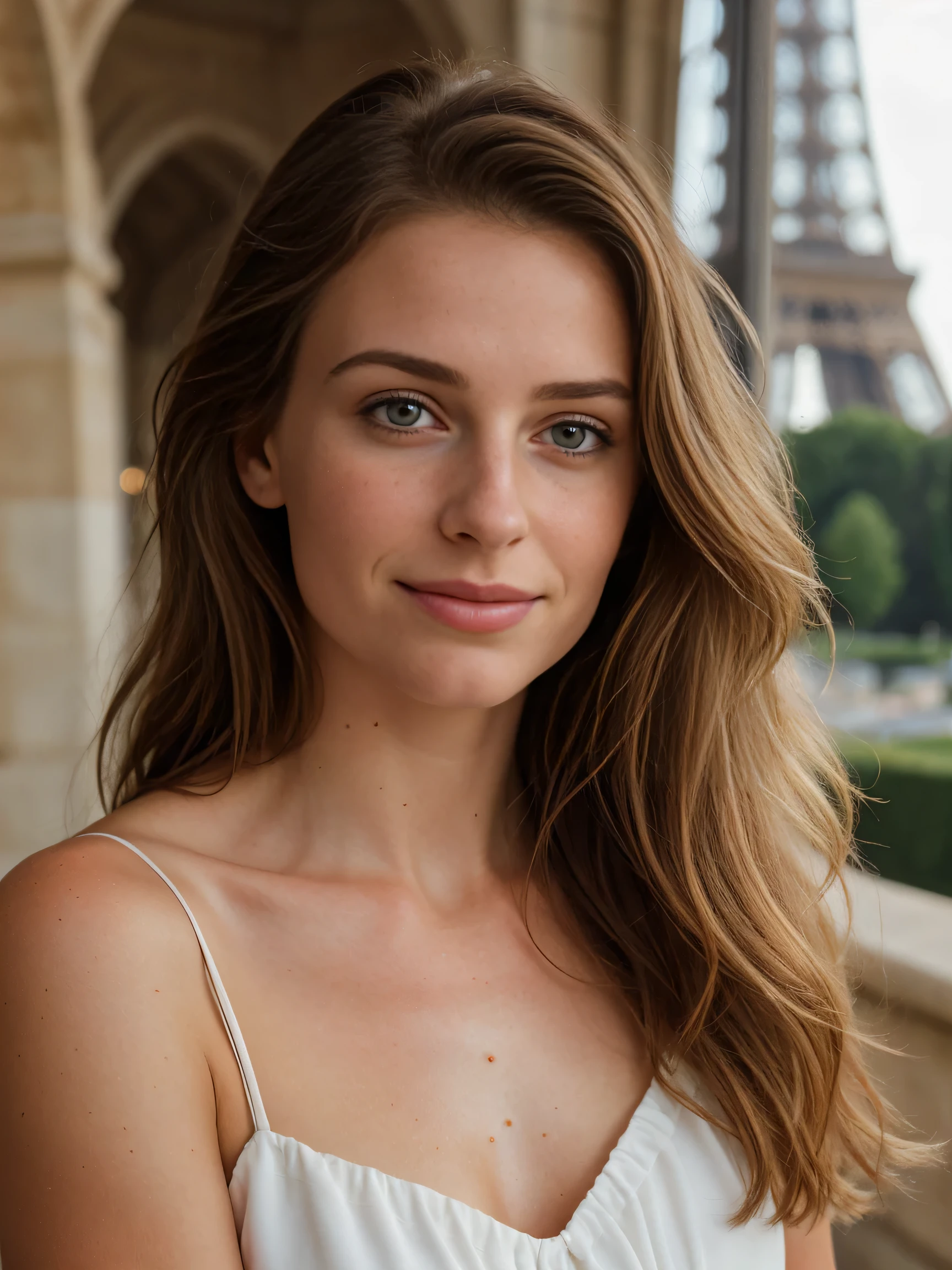 Photo of one beautiful 23 year old girl , Porter is an evening dress with a neckline , Brown Hair ,In France with the Eiffel Tower , Portrait Photography, smile, Looking into the camera , Great lighting, growing up, (Deep Valley), photo shoot, west, (masterpiece), highest quality, High resolution, Highly detailed background, Pore-filled skin, , Cinema lighting completed、Beauty of Spain,Beautiful Face、Figure skater、Upper Body