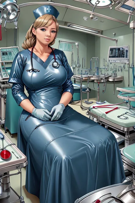 nurse uniform,hospital, latex nurse suit,nurses,busty,elbow gloves,labcoat,blonde hair woman,red eyes , gigantic ,medical instru...