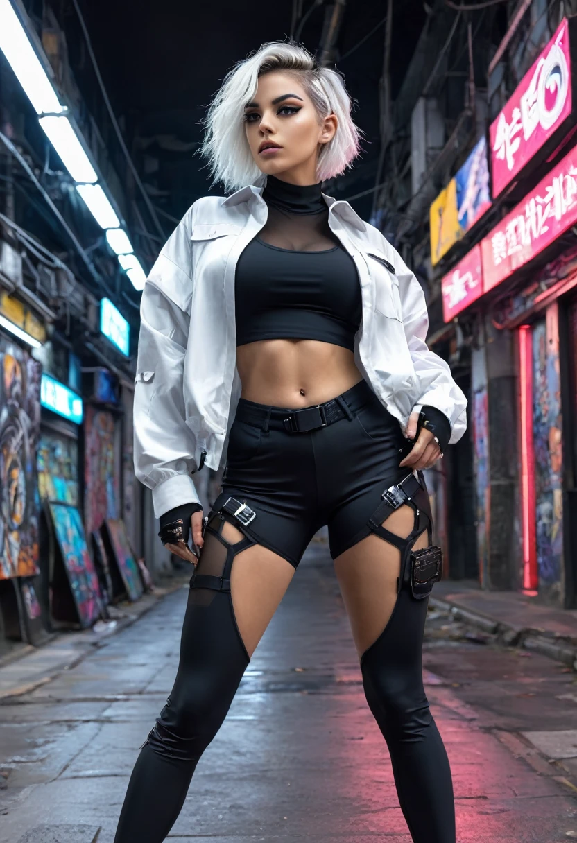 1 fille, plan rapproché, (cheveux blancs, Cheveux moyens, les yeux rouges), anatomie parfaite, ville, style cyberpunk, ((chemise blanche, Veste noire, pantalon noir, pardessus futuriste, ceinture, gants noirs, montre-bracelet, jouets, voir à travers des leggings noirs)), ((tenant un pistolet)), guerre, ruinas ville, , bâtiments
