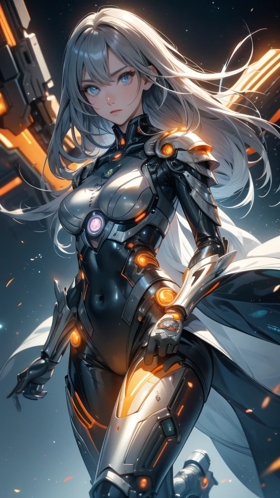 masterpiece, best quality, 8k, anime girl, floating, imponent position, standing in center, tight hightech black bodysuit, no helmet, orange glowing parts, medium grey hair, hazel magnificent eyes, few armored parts, matching parts, extreme detailed, futuristic city background, dusk time, glowing stars in the sky, light crossing behind like a god aura, realistic ilumination.