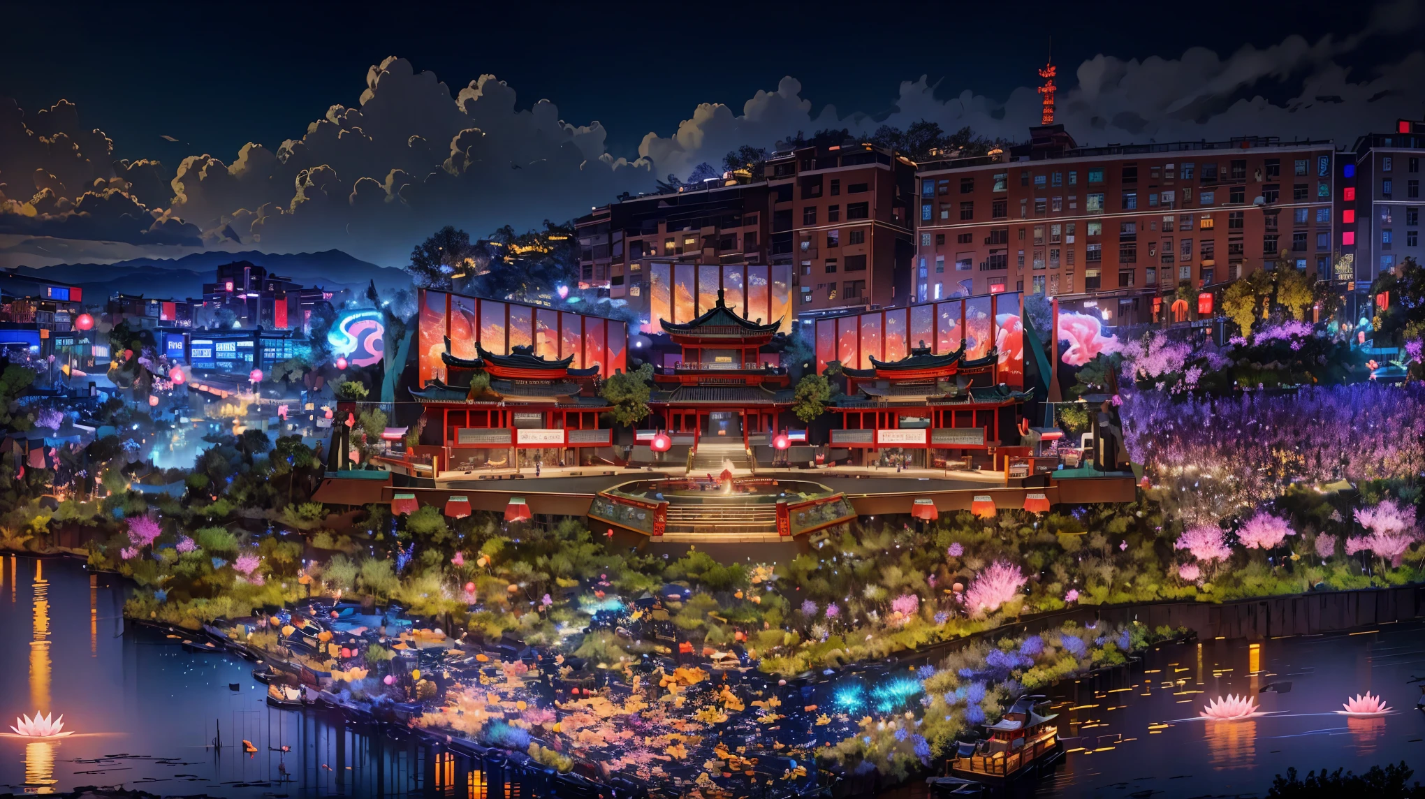 (high resolution,best quality,masterpiece:1.2) Creating an extraordinary open-air stage for Chinese opera in Wushan，Chinese Tang Dynasty，islands，Cherry blossoms and water lilies blooming at night，Large holographic display，image。The background is a tall building、Mountains、Dark Sky。Grand New Year Fireworks Show, Colorful fireworks display, Energetic, 捕捉现场Energetic的氛围 , Perfectly capture the intricate details of every exploding firework, Professional photography, Bright colors, Clear focus, A true portrait of stunning fireworks, Light up the night sky, Show the beauty of celebration, magnificent artistic depiction , Capturing the essence of the festive spirit, Carefully created works, Use studio lighting to highlight fireworks, Clever use of bokeh creates a dreamy and captivating atmosphere, Amazing fireworks display, Bring the excitement and joy of New Year celebrations to life.