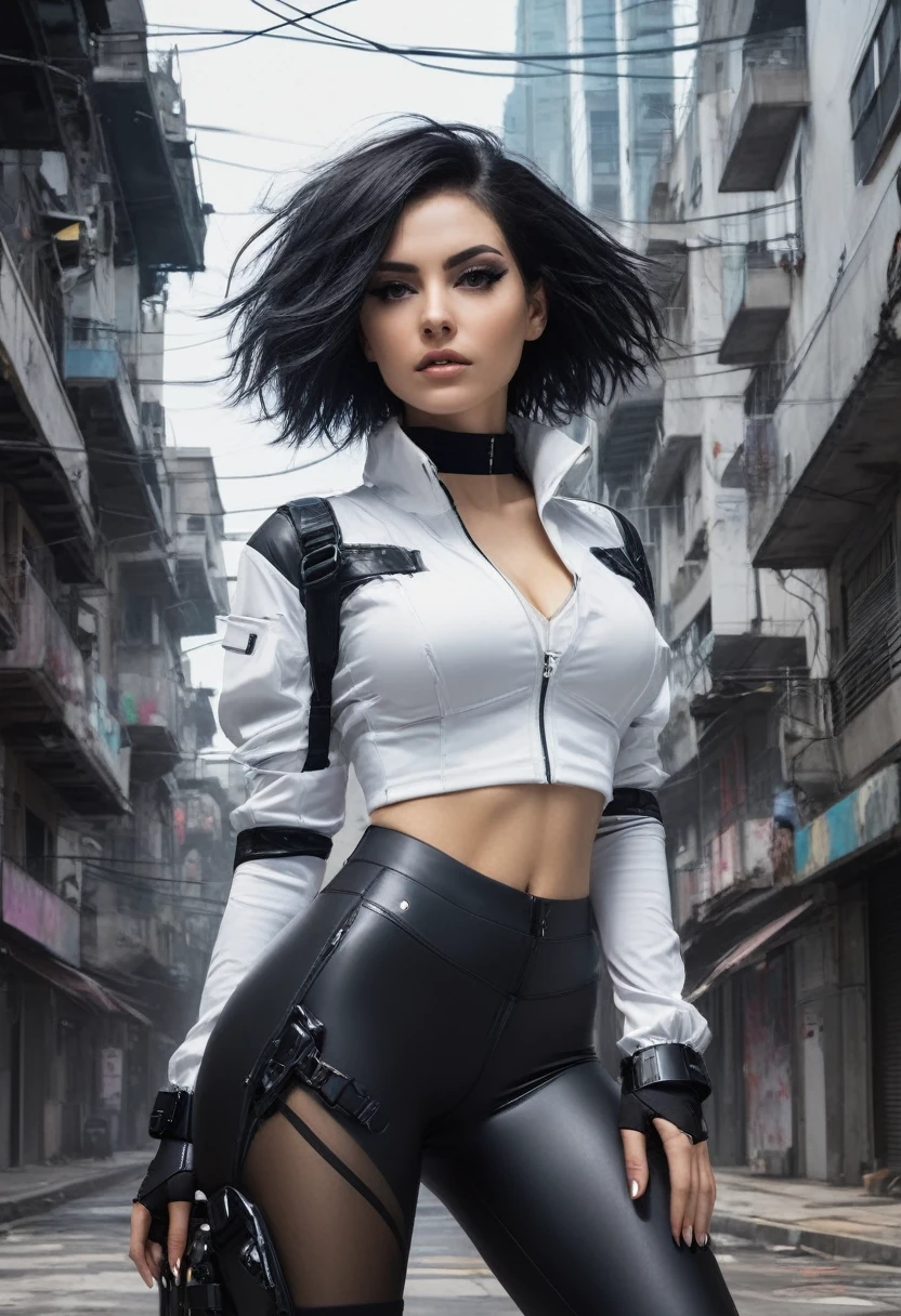 1 fille, plan rapproché, (cheveux blancs, Cheveux moyens, les yeux rouges), anatomie parfaite, ville, style cyberpunk, ((chemise blanche, Veste noire, pantalon noir, pardessus futuriste, ceinture, gants noirs, montre-bracelet, jouets, voir à travers des leggings noirs)), ((tenant un pistolet)), guerre, ruinas ville, , bâtiments
