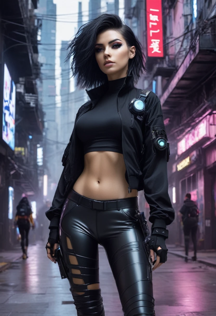 1 fille, plan rapproché, (cheveux blancs, Cheveux moyens, les yeux rouges), anatomie parfaite, ville, style cyberpunk, ((chemise blanche, Veste noire, pantalon noir, pardessus futuriste, ceinture, gants noirs, montre-bracelet, jouets, voir à travers des leggings noirs)), ((tenant un pistolet)), guerre, ruinas ville, , bâtiments
