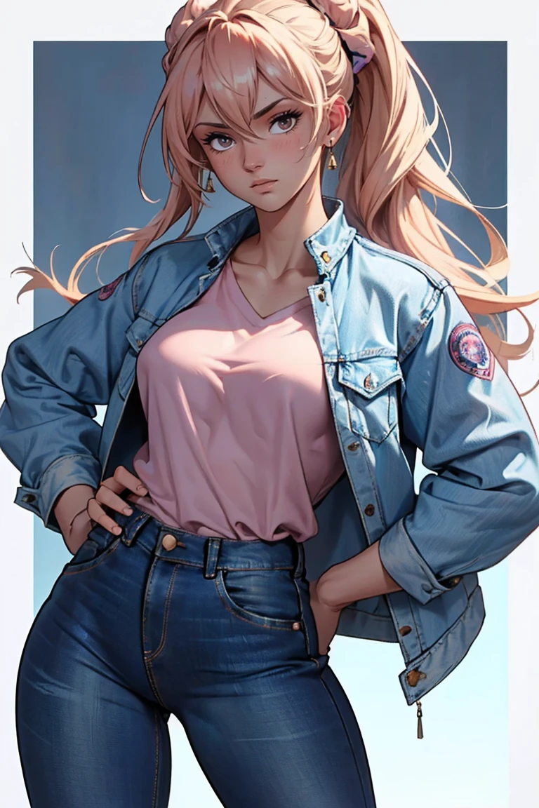 masterpiece, ultra quality, Beautiful detailed, extremely detailed,16K, exquisite, highres, Beautiful background, Beautiful eye, Beautiful skin, Bold line, anime style, chest focus, (Kaori stands with her hands on her hips, wearing a pink shirt over a white denim jacket and blue denim jeans.), Kaori, 1 girl, alone, 27 years old, gesturing with sexy genitals pose, cheeky pose, Tomboy, woman&#39;s whole body, perfect figure, anger, blush, erotic, fascinating, Charm, beautiful woman face, deep red eyes, well-shaped eyelashes, Perfect eyes, beautiful woman, slender body, beautiful big breasts, cleavage, perfectly chiseled abs, beautiful long legs), white denim jacket, pink t-shirt, Blue denim jeans, (perfect arms, perfect hands, perfect fingers, perfect anatomy), humid, humid, (looking at the viewer), indoor, perfect quality, good quality, masterpiece, HDR, UHD,