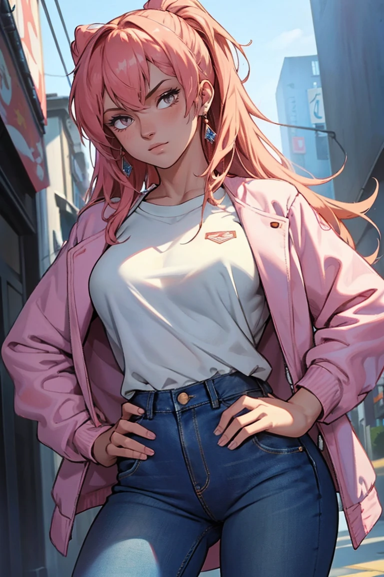 masterpiece, ultra quality, Beautiful detailed, extremely detailed,16K, exquisite, highres, Beautiful background, Beautiful eye, Beautiful skin, Bold line, anime style, chest focus, (Kaori stands with her hands on her hips, wearing a pink shirt over a white denim jacket and blue denim jeans.), Kaori, 1 girl, alone, 27 years old, gesturing with sexy genitals pose, cheeky pose, Tomboy, woman&#39;s whole body, perfect figure, anger, blush, erotic, fascinating, Charm, beautiful woman face, deep red eyes, well-shaped eyelashes, Perfect eyes, beautiful woman, slender body, beautiful big breasts, cleavage, perfectly chiseled abs, beautiful long legs), white denim jacket, pink t-shirt, Blue denim jeans, (perfect arms, perfect hands, perfect fingers, perfect anatomy), humid, humid, (looking at the viewer), indoor, perfect quality, good quality, masterpiece, HDR, UHD,