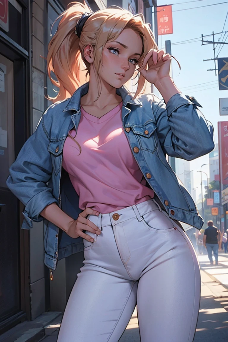 masterpiece, ultra quality, Beautiful detailed, extremely detailed,16K, exquisite, highres, Beautiful background, Beautiful eye, Beautiful skin, Bold line, anime style, chest focus, (Kaori stands with her hands on her hips, wearing a pink shirt over a white denim jacket and blue denim jeans.), Kaori, 1 girl, alone, 27 years old, gesturing with sexy genitals pose, cheeky pose, Tomboy, woman&#39;s whole body, perfect figure, anger, blush, erotic, fascinating, Charm, beautiful woman face, deep red eyes, well-shaped eyelashes, Perfect eyes, beautiful woman, slender body, beautiful big breasts, cleavage, perfectly chiseled abs, beautiful long legs), white denim jacket, pink t-shirt, Blue denim jeans, (perfect arms, perfect hands, perfect fingers, perfect anatomy), humid, humid, (looking at the viewer), indoor, perfect quality, good quality, masterpiece, HDR, UHD,